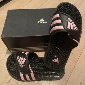 Black and Pink Girls Adidas Slides